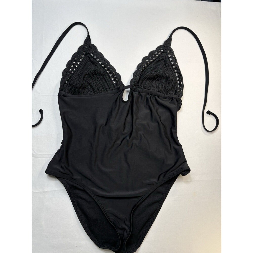 No Boundaries Black Crochet Halter Tie Triangle Cup One Piece Swimsuit M (8-10)